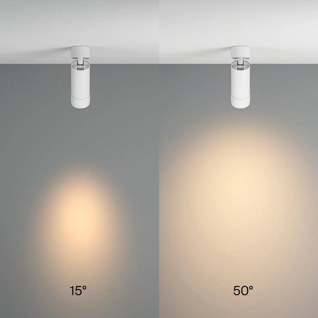 Spot focus zoom blanc cylindrique avec faisceau réglable à 15 et 50 degrés orientable pour éclairage mural