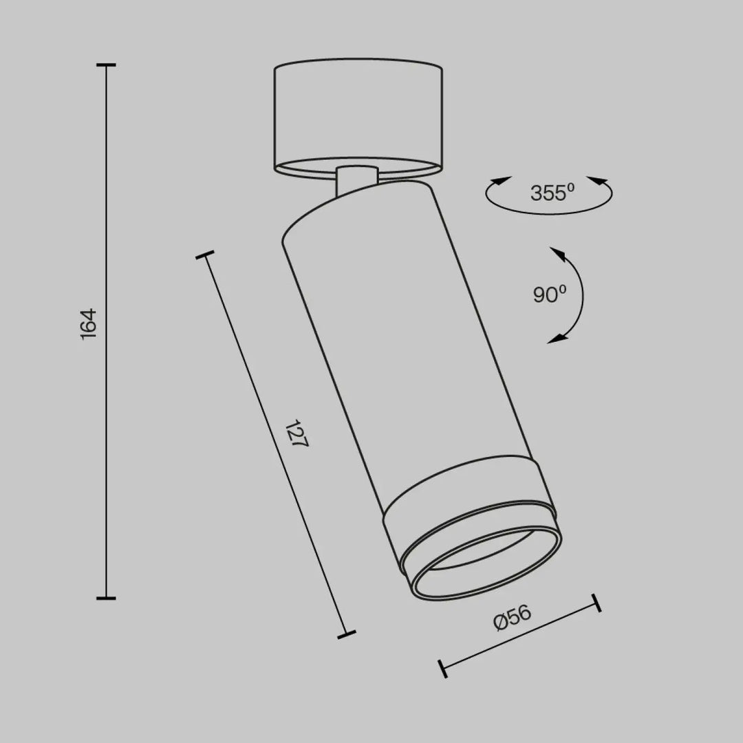 Spot focus zoom adjustable cylindrical ceiling light with 355° rotation and 90° tilt in sleek metallic finish