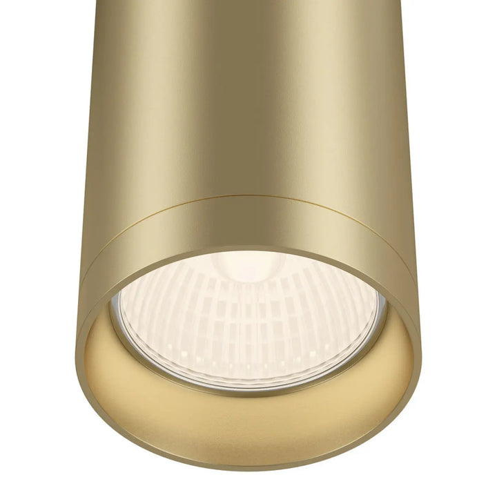 Spot focus cylindre finition dorée avec ampoule gu10 led visible et verre dépoli trois finitions disponibles