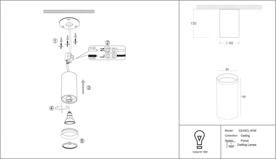 Spot focus cylindre cylindre plafonnier cylindrique noir mat avec ampoule gu10 trois finitions modèle c018cl-01w