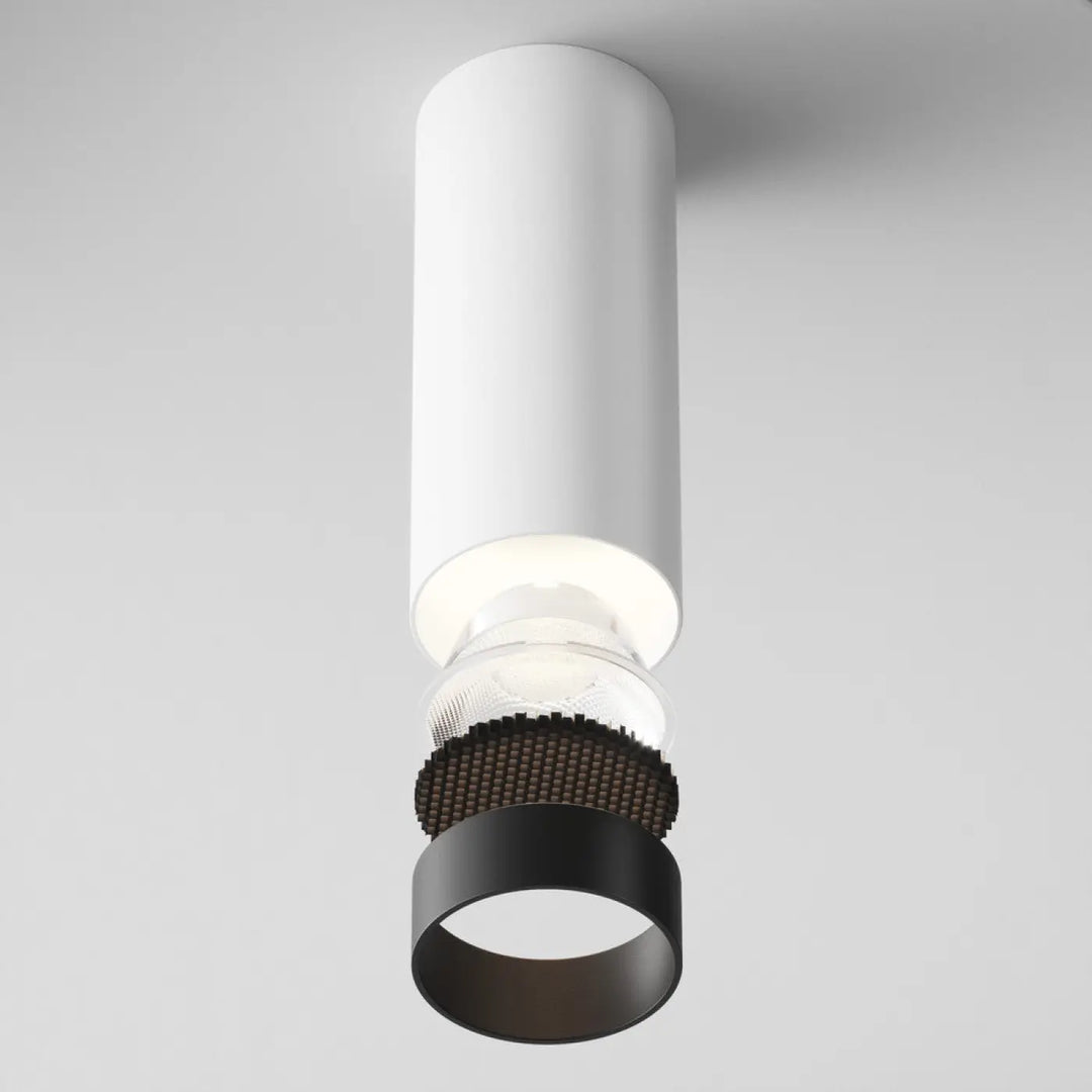 Spot focus led cylindre blanc avec anneau noir texturé et led intégrée version dimmable pour plafond