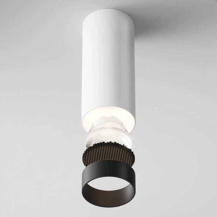 Spot focus led cylindre blanc avec anneau noir texturé et led intégrée version dimmable pour plafond
