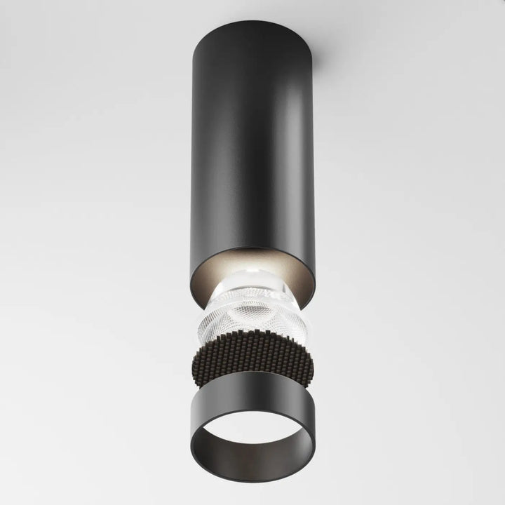 Spot focus led cylindre noir avec diffuseur en verre texturé et accents métalliques version dimmable led intégrée