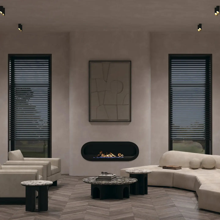 Cheminée à gaz moderne spot lipari long cylindre en acier noir avec design ovale et flammes bleues éclatantes