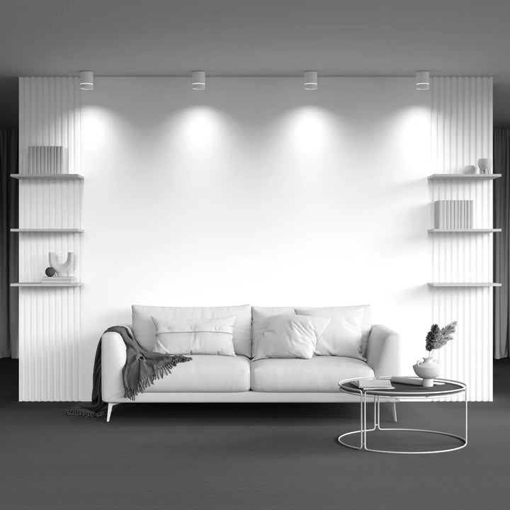 Canapé blanc Spot Orlo avec coussins assortis en acier noir cylindré compact aux lignes épurées