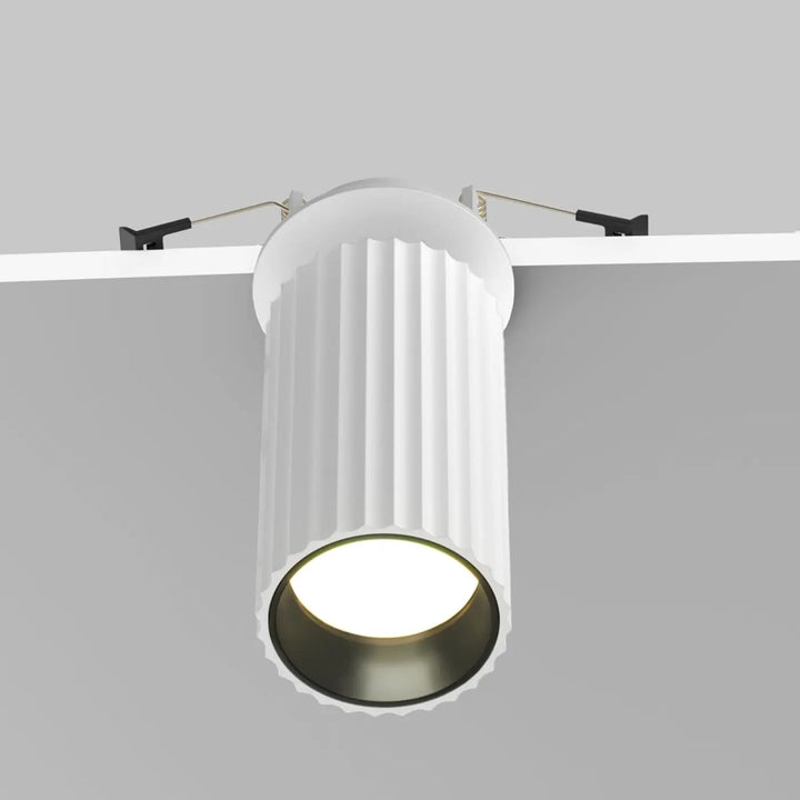 Spot semi-encastré calipso cylindre cannelé blanc avec ampoule circulaire lumineuse pour éclairage moderne