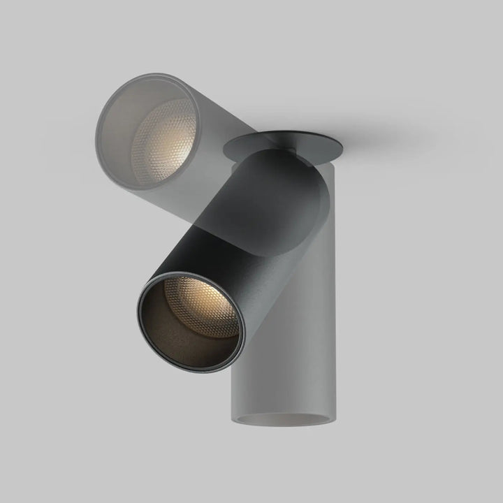Spot focus led semi-encastré à deux têtes cylindriques gris mat avec led intégrée et diffuseur en verre dépoli