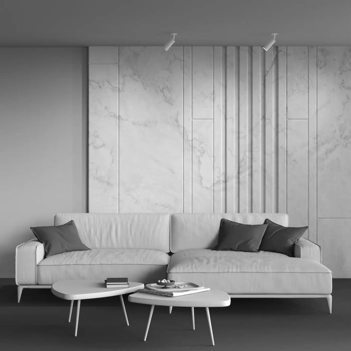 Sectionnel en cuir blanc avec coussins gris foncé dans le spot focus semi-encastré long cylindre orientable