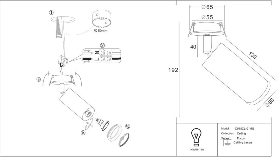 Spot focus long cylindre orientable c018cl-01mg lampe de plafond semi-encastrée noire mate