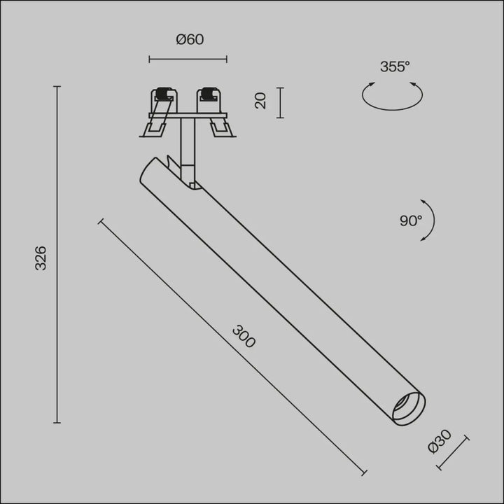 Spot semi-encastré focus tube ultra-fin avec led intégrée, diamètre 30mm et rotation ajustable pour plafond