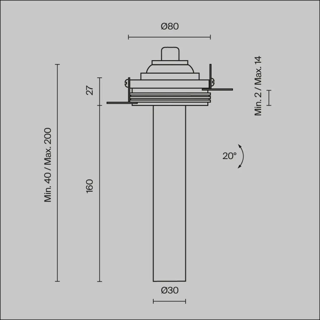 Dessin technique d’un spot tube fin orientable avec base filetée et tête réglable pour éclairage trimless