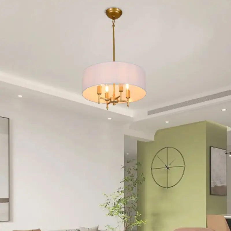 Suspension Abat Jour Tissu Moderne Rond Blanc Noir Doré Élégant