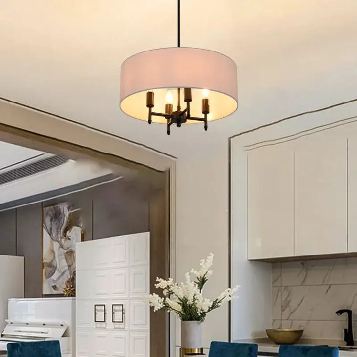 Suspension Abat Jour Tissu Moderne Rond Blanc Noir Doré Élégant