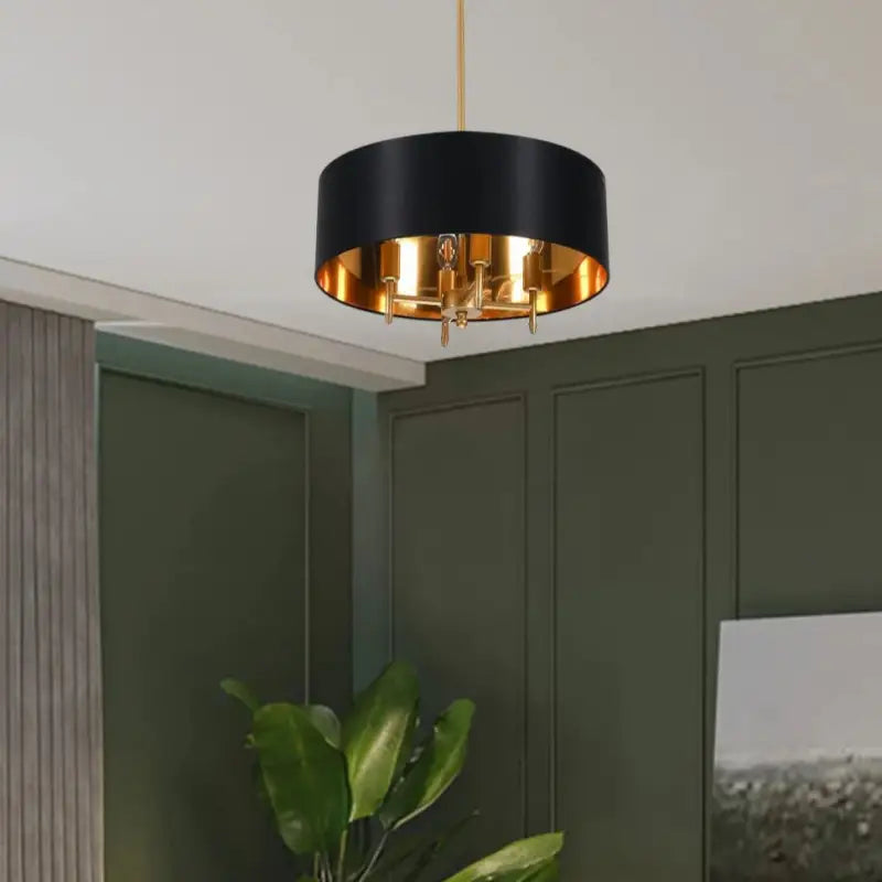 Suspension Abat Jour Tissu Moderne Rond Blanc Noir Doré Élégant