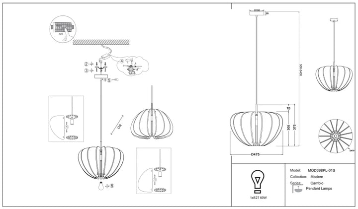 Suspension luminaire cambio avec coque segmentée en aluminium noir métallisé au-dessus d’une table