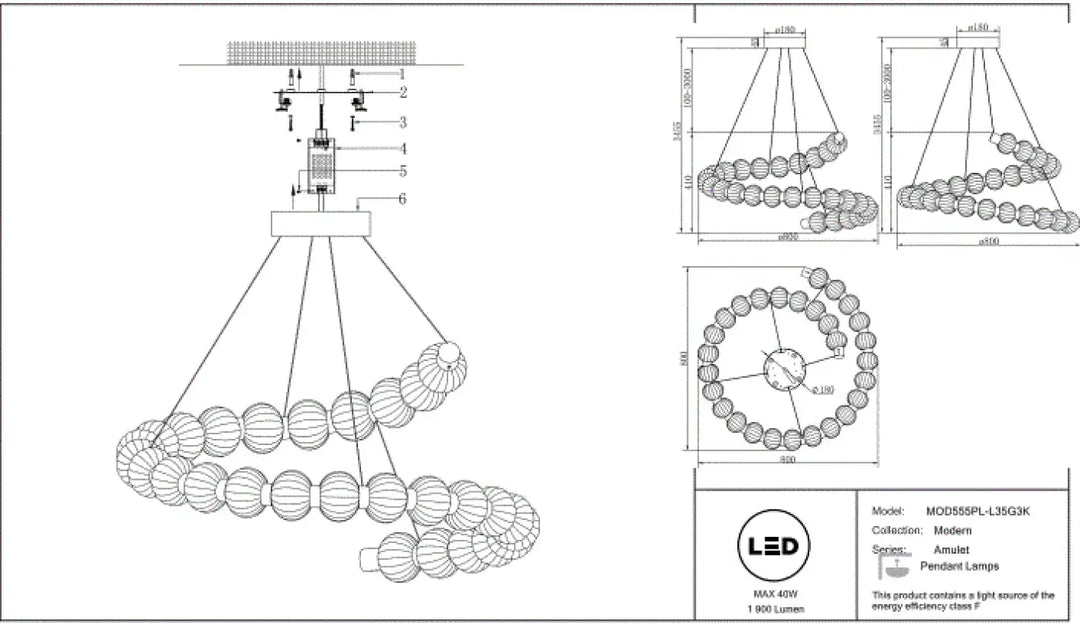 Suspension amulet en métal doré avec verre strié lampe led moderne à pendentif design spirale et globes concentrés