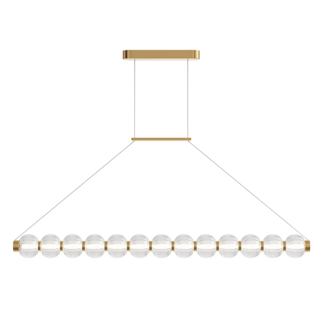Suspension amulet linéaire pour salle à manger en métal doré avec sphères en verre strié clair facetté alignées