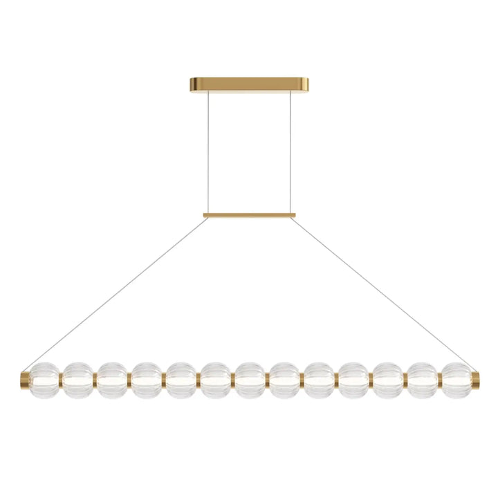 Suspension amulet linéaire pour salle à manger en métal doré avec sphères en verre strié clair facetté alignées