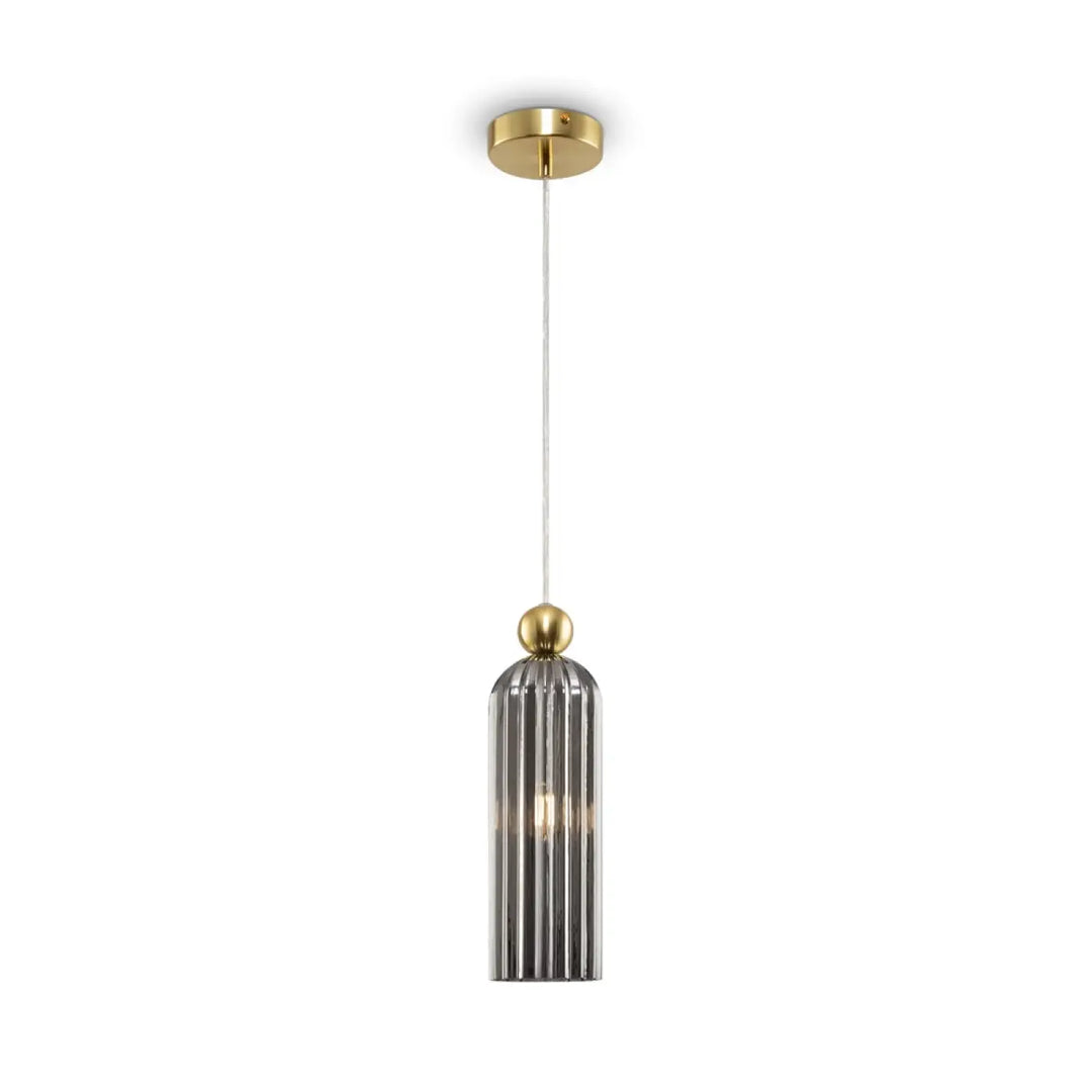 Suspension luminaire antic avec abat-jour étroit en verre strié et monture dorée brossée moderne