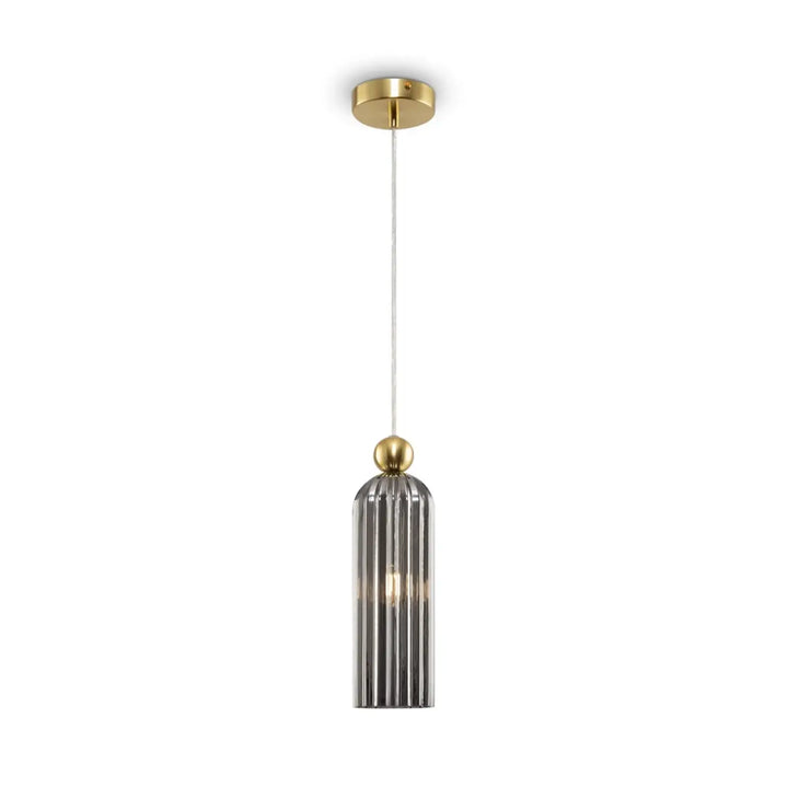 Suspension luminaire antic avec abat-jour étroit en verre strié et monture dorée brossée moderne