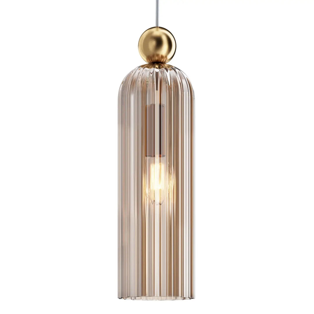 Suspension luminaire antic avec abat-jour étroit en verre strié fumé et monture dorée sphérique moderne