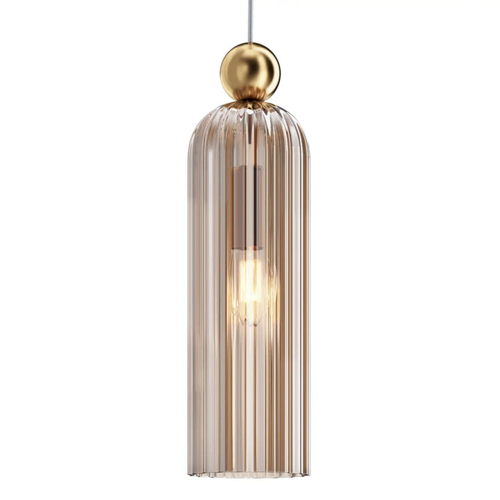 Suspension luminaire antic avec abat-jour étroit en verre strié fumé et monture dorée sphérique moderne
