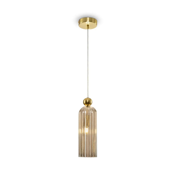 Suspension luminaire antic avec monture dorée, abat-jour étroit en verre strié ambré translucide à rainures verticales