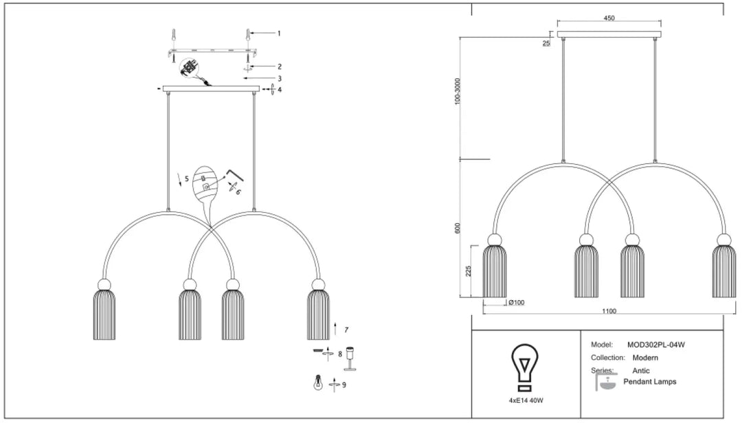 Suspension antic linéaire avec verre strié et design minimaliste à trois bras, idéale pour salle à manger