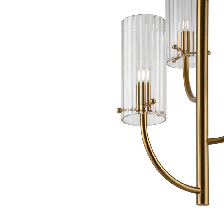 Suspension luminaire arco avec finition laiton, bras courbés et verre strié clair en verre avec ampoules à filament apparent