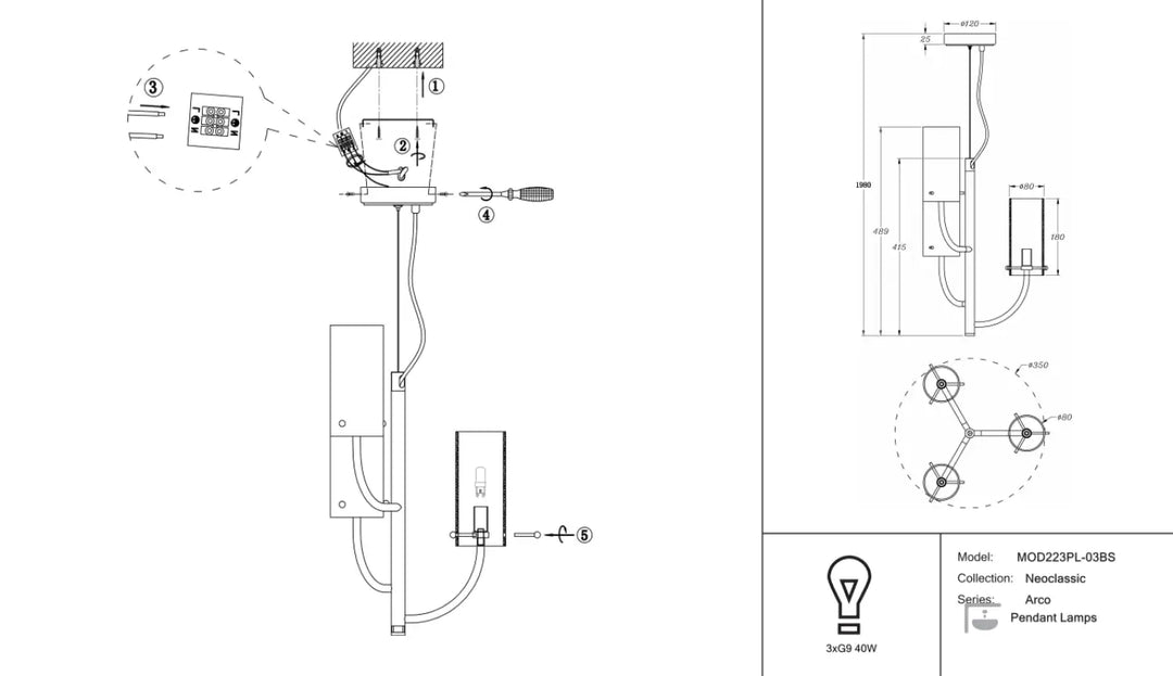 Suspension luminaire arco avec verre strié finition laiton et bras courbés au design industriel et minimaliste