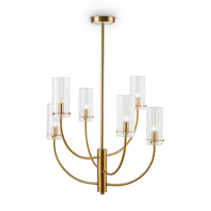 Suspension luminaire arco à bras courbés finition laiton avec cinq abat-jours en verre strié cylindriques clairs