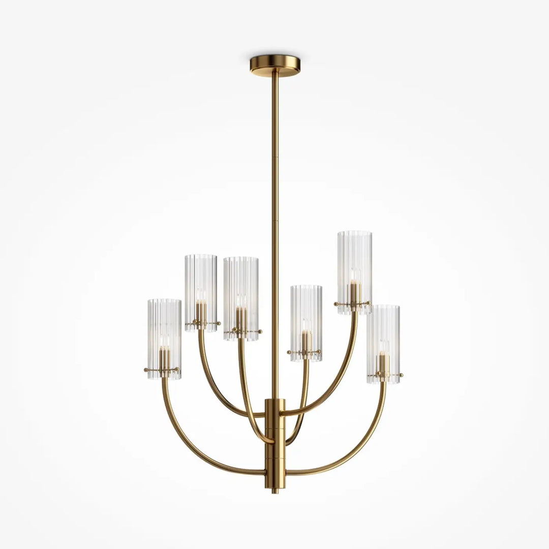 Suspension luminaire arbo finition laiton avec six abat-jours en verre strié et bras courbés en laiton brassé