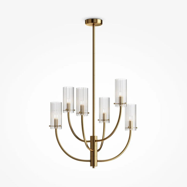 Suspension luminaire arbo finition laiton avec six abat-jours en verre strié et bras courbés en laiton brassé