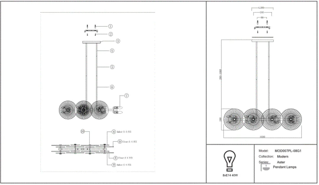 Suspension aster avec quatre abat-jours circulaires en verre ambré et monture dorée au design moderne et minimaliste