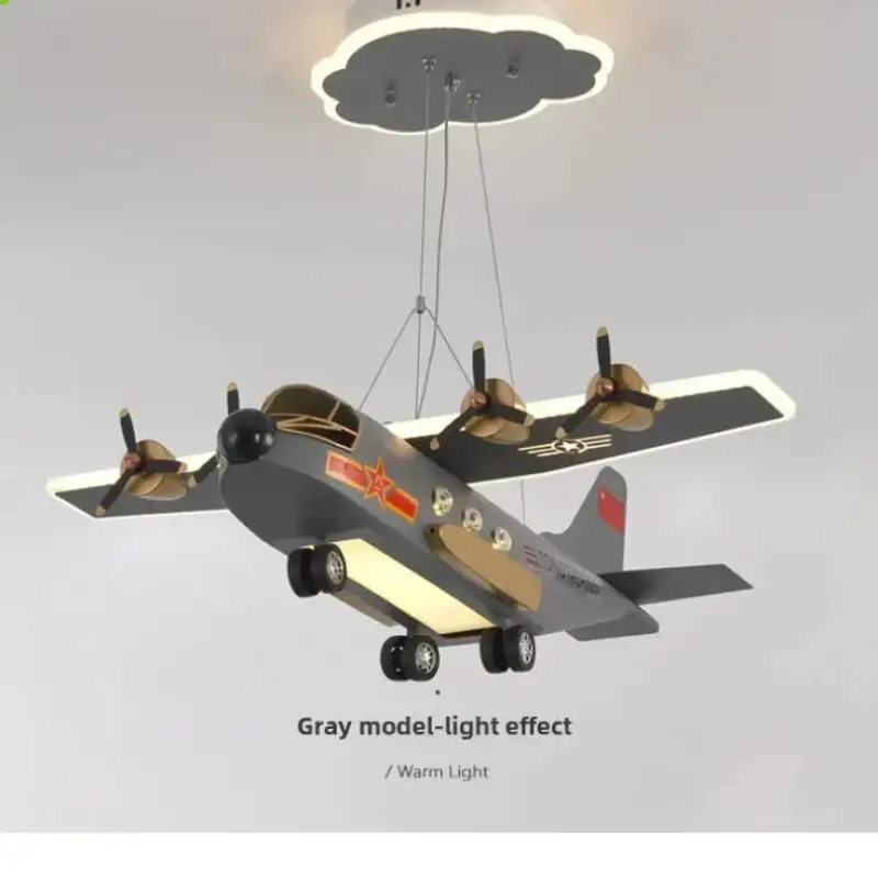 Suspension avion enfant design ailes lumineuses gris jaune