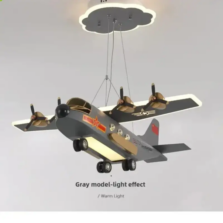 Suspension avion enfant design ailes lumineuses gris jaune