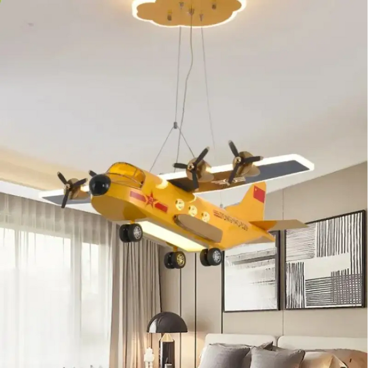 Suspension avion enfant design ailes lumineuses gris jaune