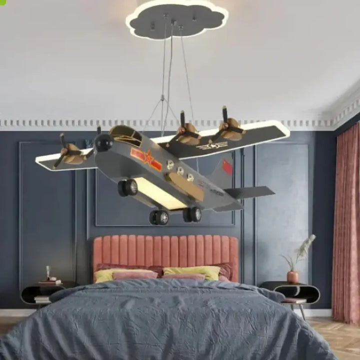 Suspension avion enfant design ailes lumineuses gris jaune