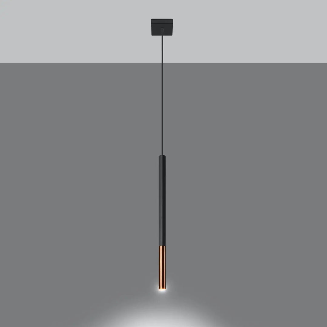 Suspension Mozaica noire à embout cuivré, allumée