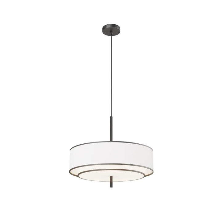 Suspension luminaire bergamo avec cadre métallique noir mat et deux abat-jours concentriques en tissu blanc pour salle à manger avec lumière douce