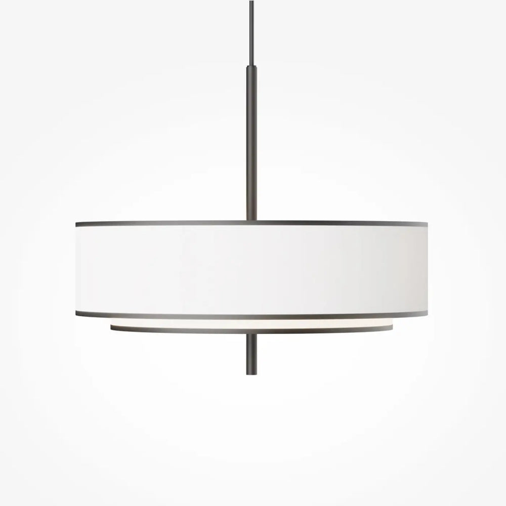 Suspension luminaire bergamo avec tissu blanc cylindrique et cadre métal foncé pour une lumière douce en salle à manger