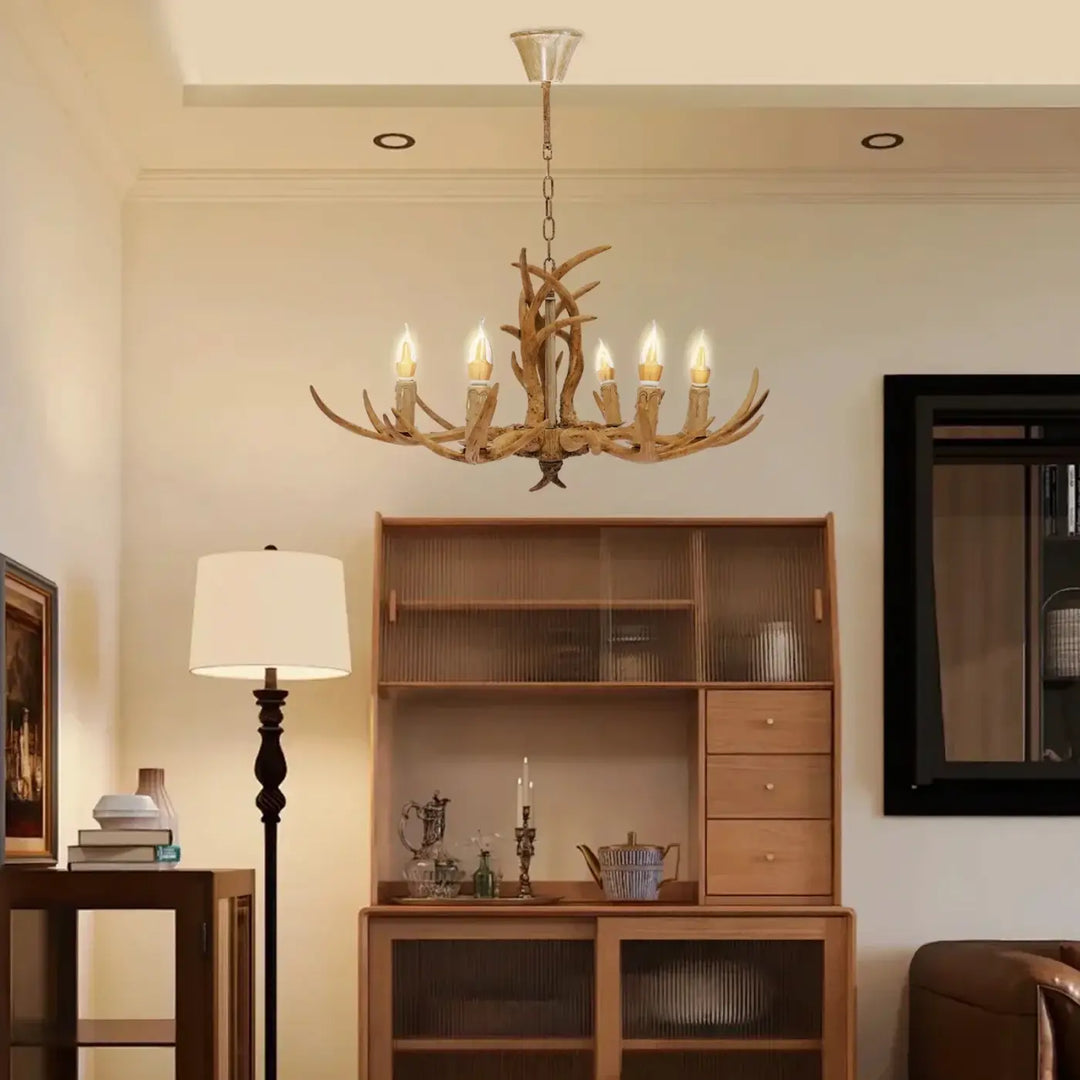 Suspension Bois De Cerf Avec Ampoules Style Bougie Marron Résine