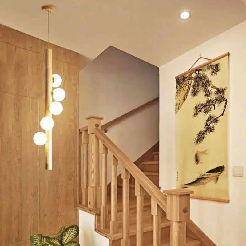 Suspension Bois Flotté Boules Lumineuses Tube Vertical