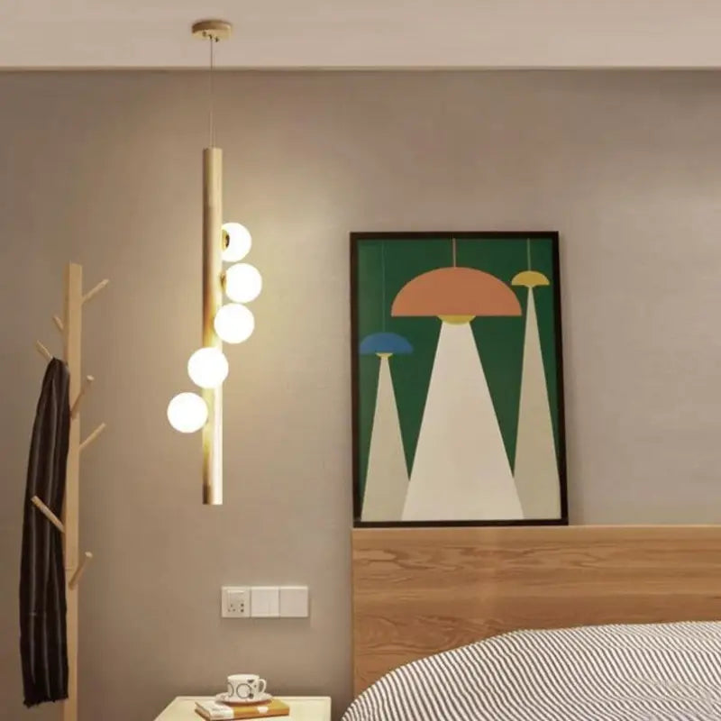 Suspension Bois Flotté Boules Lumineuses Tube Vertical