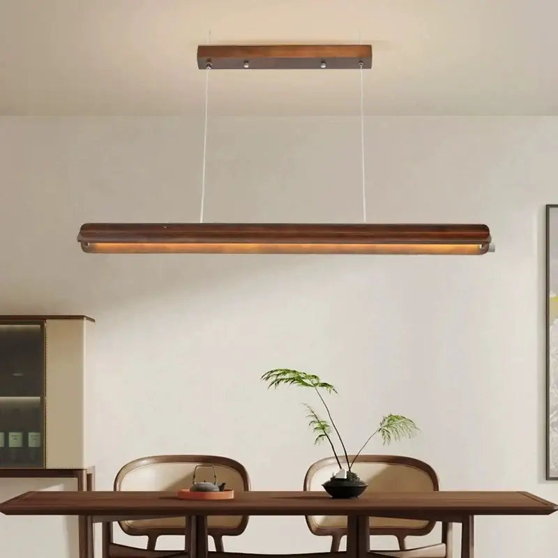 Suspension bois led moderne style linéaire bois foncé