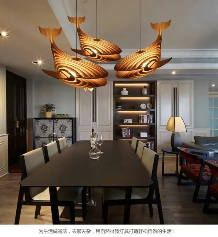 Suspension Bois Naturel Forme Baleine Design Ludique Moderne Beige