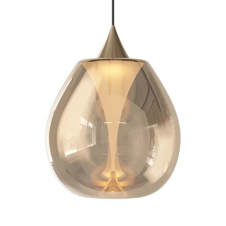 Suspension bond en verre soufflé ambre avec corps en forme de larme et détails en laiton poli finition double disque convexe