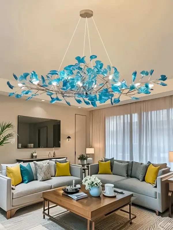 Suspension Branches Métal Feuilles Bleues Design Moderne

