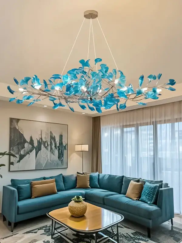 Suspension Branches Métal Feuilles Bleues Design Moderne

