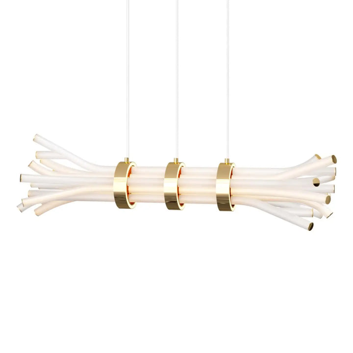 Suspension led branchy moderne avec tubes en verre blanc translucide et anneaux métalliques dorés polis